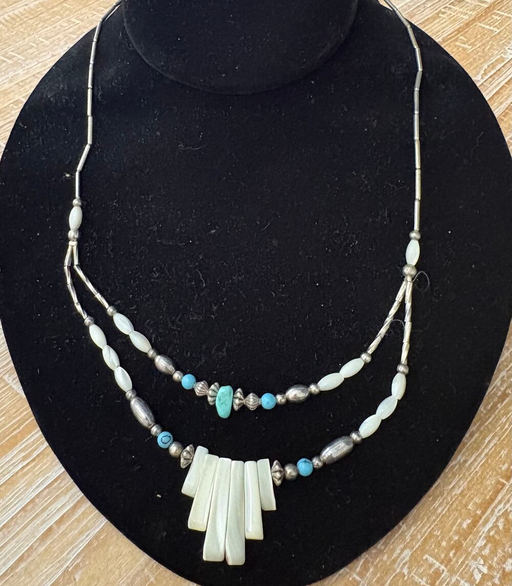 Vintage MOTHER OF PEARL Fringe & TURQUOISE Beads Liquid Silver DOUBLE NECKLACE!